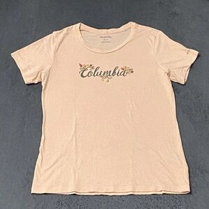 Columbia Shirt Womens XS Peach Graphic Logo Floral Spellout Short Sleeve Top